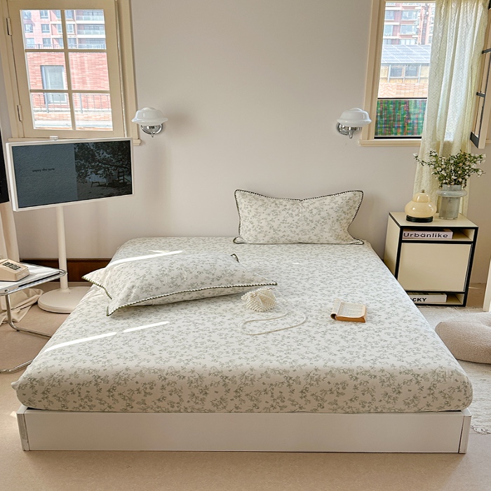 91家纺网 家纺一手货源 找家纺 金丝鸟 2025春夏新款全棉纯棉双层纱床笠 床笠单件 绿意枝头