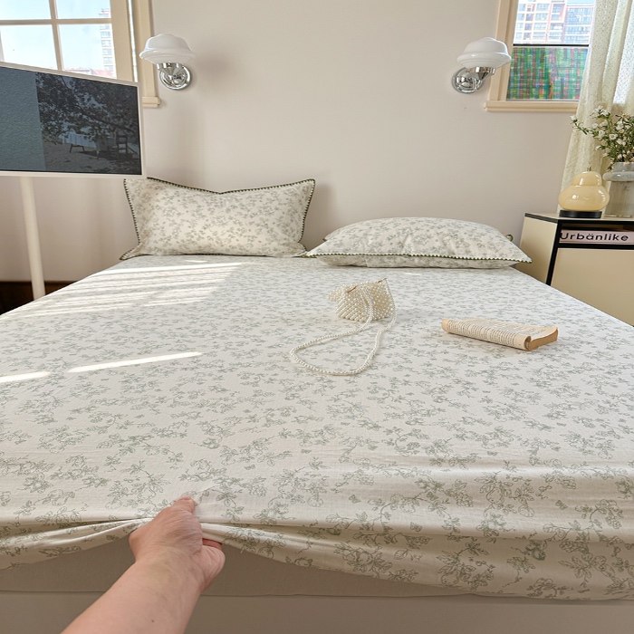 91家纺网 家纺一手货源 找家纺 金丝鸟 2025春夏新款全棉纯棉双层纱床笠 床笠单件 绿意枝头