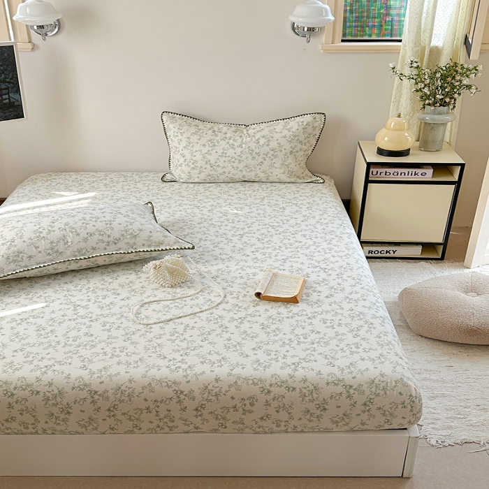 91家纺网 家纺一手货源 找家纺 金丝鸟 2025春夏新款全棉纯棉双层纱床笠 床笠单件 绿意枝头