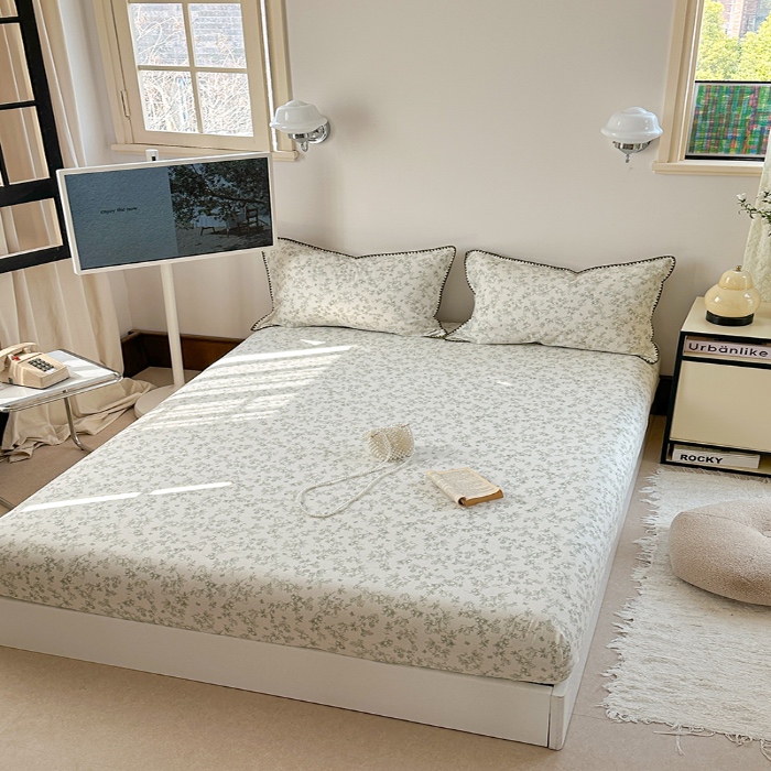 91家纺网 家纺一手货源 找家纺 金丝鸟 2025春夏新款全棉纯棉双层纱床笠 床笠单件 绿意枝头