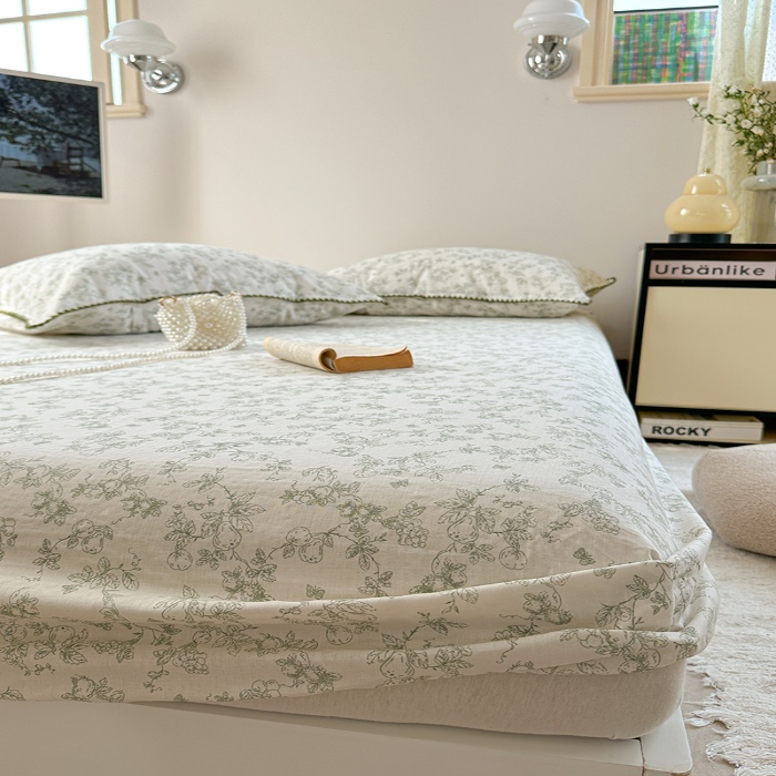 91家纺网 家纺一手货源 找家纺 金丝鸟 2025春夏新款全棉纯棉双层纱床笠 床笠单件 绿意枝头