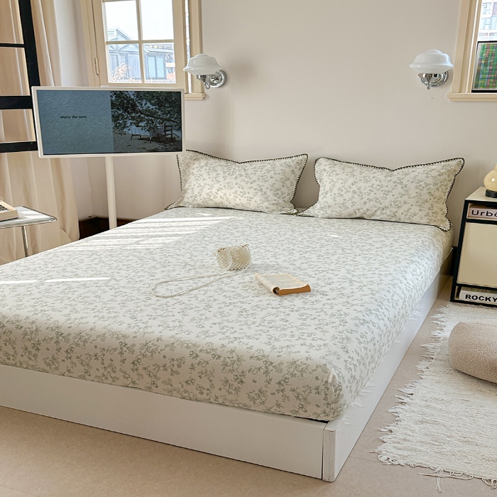 91家纺网 家纺一手货源 找家纺 金丝鸟 2025春夏新款全棉纯棉双层纱床笠 床笠单件 绿意枝头