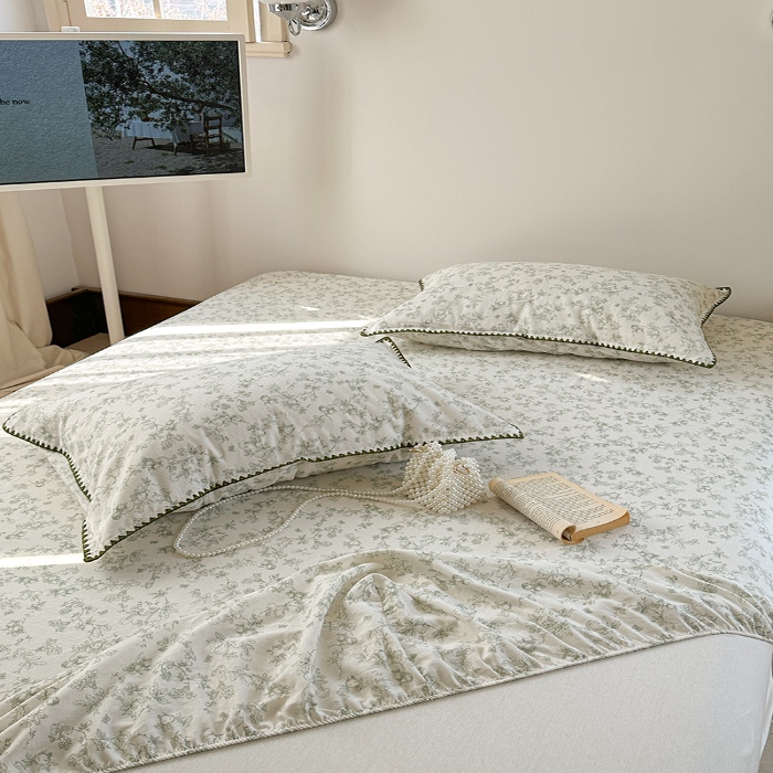 91家纺网 家纺一手货源 找家纺 金丝鸟 2025春夏新款全棉纯棉双层纱床笠 床笠单件 绿意枝头