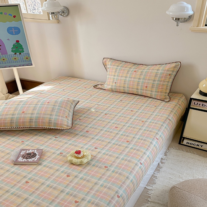 91家纺网 家纺一手货源 找家纺 金丝鸟 2025春夏新款全棉纯棉双层纱床笠 床笠单件 七彩方格