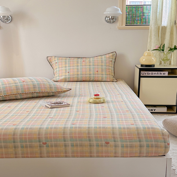 91家纺网 家纺一手货源 找家纺 金丝鸟 2025春夏新款全棉纯棉双层纱床笠 床笠单件 七彩方格