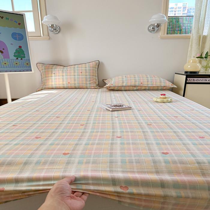 91家纺网 家纺一手货源 找家纺 金丝鸟 2025春夏新款全棉纯棉双层纱床笠 床笠单件 七彩方格