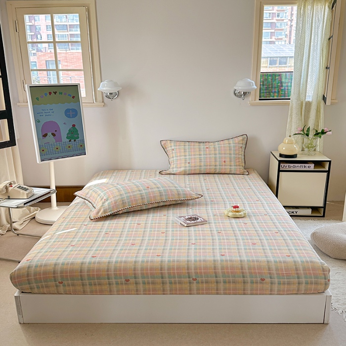 91家纺网 家纺一手货源 找家纺 金丝鸟 2025春夏新款全棉纯棉双层纱床笠 床笠单件 七彩方格