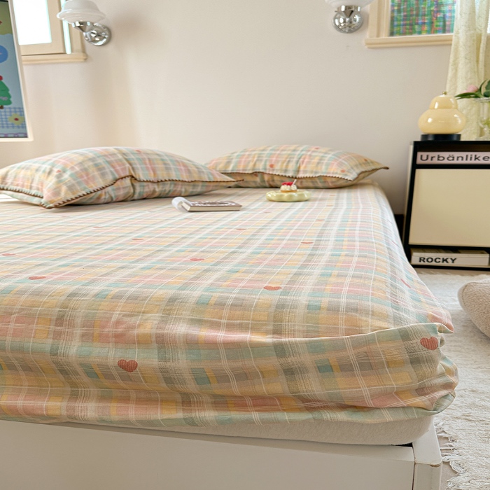 91家纺网 家纺一手货源 找家纺 金丝鸟 2025春夏新款全棉纯棉双层纱床笠 床笠单件 七彩方格