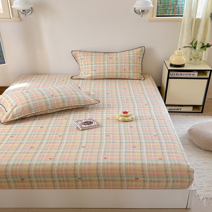 91家纺网 家纺一手货源 找家纺 金丝鸟 2025春夏新款全棉纯棉双层纱床笠 床笠单件 七彩方格