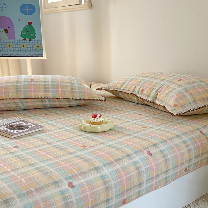 91家纺网 家纺一手货源 找家纺 金丝鸟 2025春夏新款全棉纯棉双层纱床笠 床笠单件 七彩方格