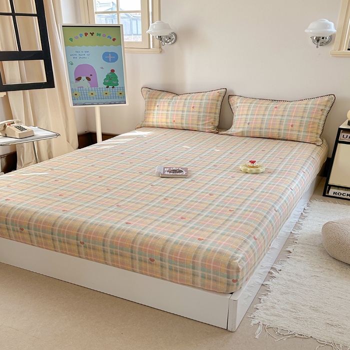 91家纺网 家纺一手货源 找家纺 金丝鸟 2025春夏新款全棉纯棉双层纱床笠 床笠单件 七彩方格