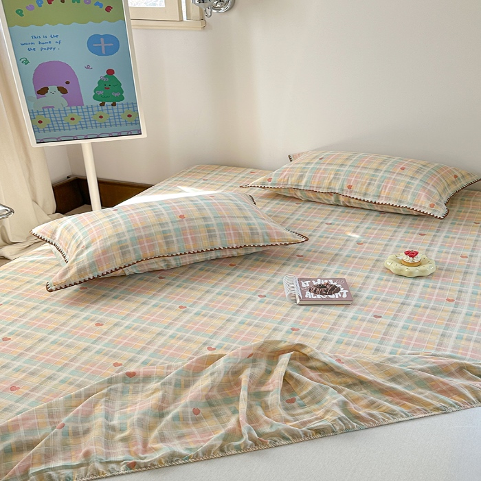 91家纺网 家纺一手货源 找家纺 金丝鸟 2025春夏新款全棉纯棉双层纱床笠 床笠单件 七彩方格