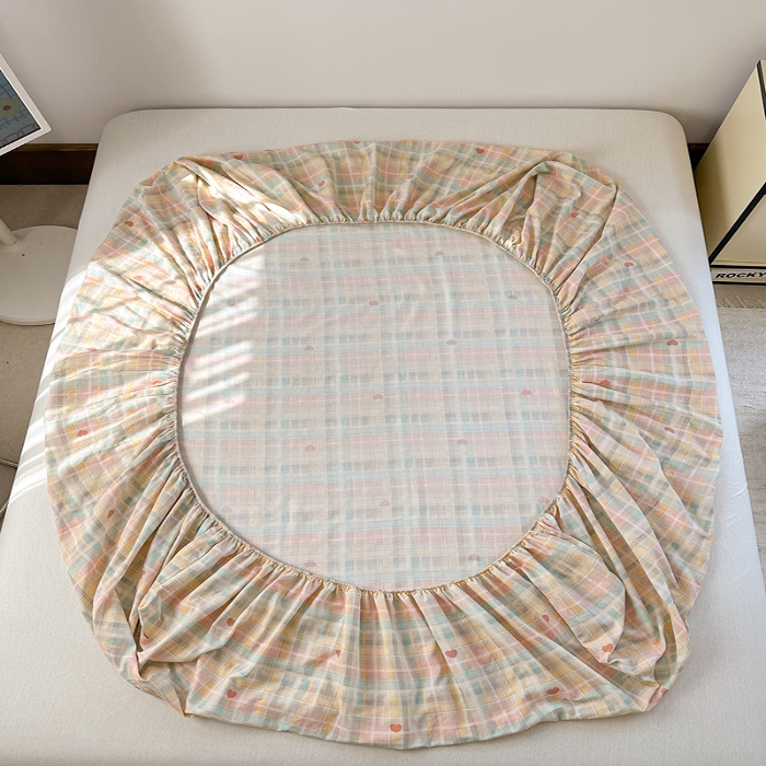 91家纺网 家纺一手货源 找家纺 金丝鸟 2025春夏新款全棉纯棉双层纱床笠 床笠单件 七彩方格