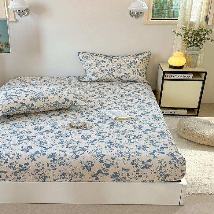 91家纺网 家纺一手货源 找家纺 金丝鸟 2025春夏新款全棉纯棉双层纱床笠 床笠单件 青瓷花弄