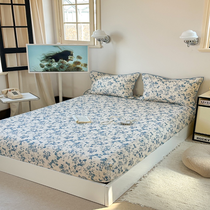 91家纺网 家纺一手货源 找家纺 金丝鸟 2025春夏新款全棉纯棉双层纱床笠 床笠单件 青瓷花弄