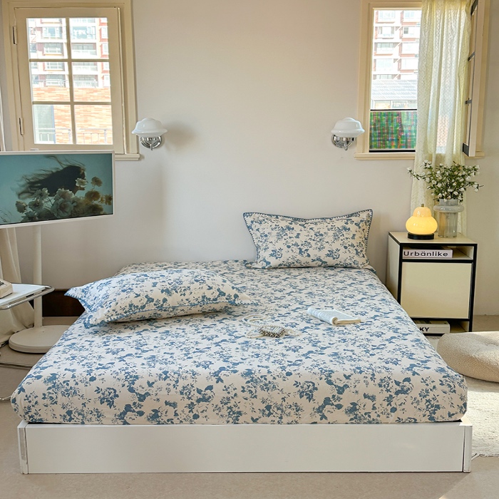 91家纺网 家纺一手货源 找家纺 金丝鸟 2025春夏新款全棉纯棉双层纱床笠 床笠单件 青瓷花弄