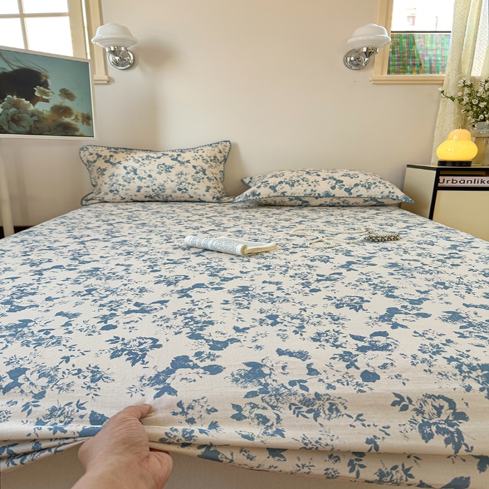 91家纺网 家纺一手货源 找家纺 金丝鸟 2025春夏新款全棉纯棉双层纱床笠 床笠单件 青瓷花弄