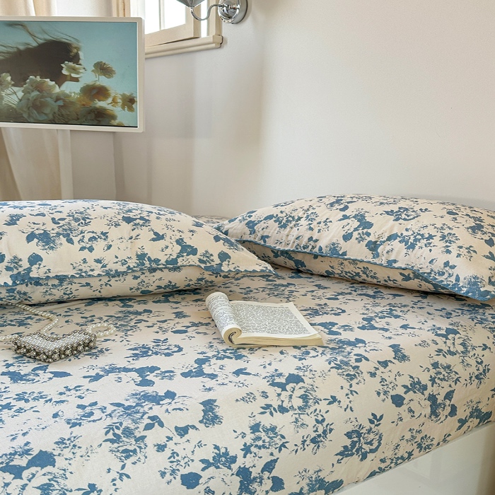 91家纺网 家纺一手货源 找家纺 金丝鸟 2025春夏新款全棉纯棉双层纱床笠 床笠单件 青瓷花弄