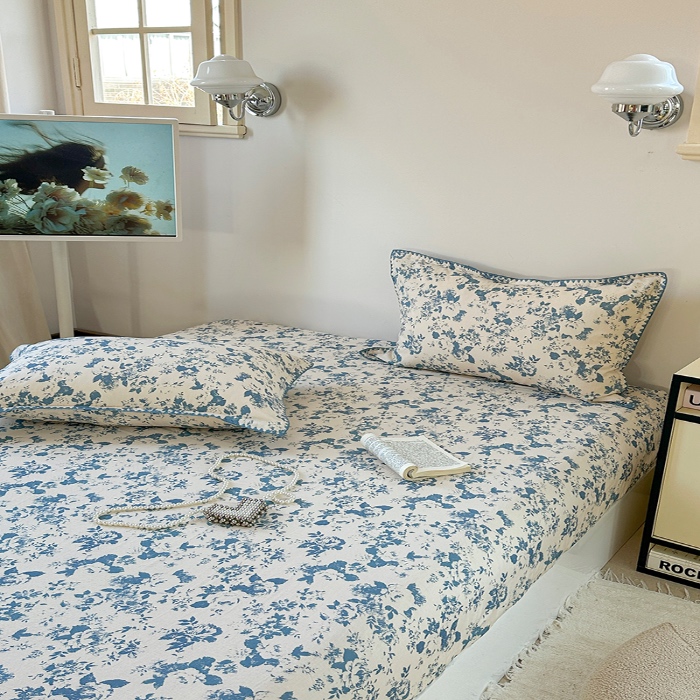 91家纺网 家纺一手货源 找家纺 金丝鸟 2025春夏新款全棉纯棉双层纱床笠 床笠单件 青瓷花弄