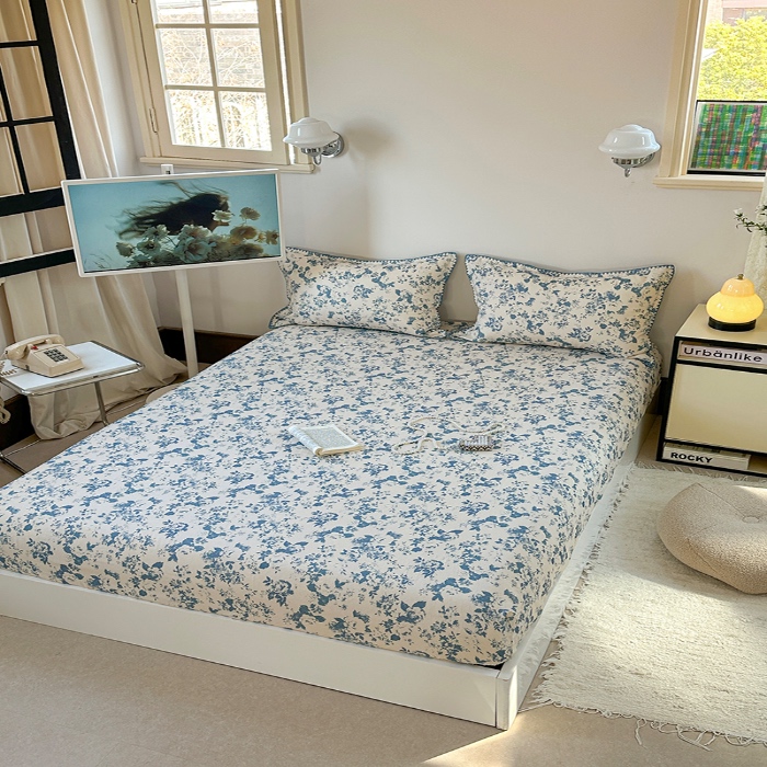 91家纺网 家纺一手货源 找家纺 金丝鸟 2025春夏新款全棉纯棉双层纱床笠 床笠单件 青瓷花弄