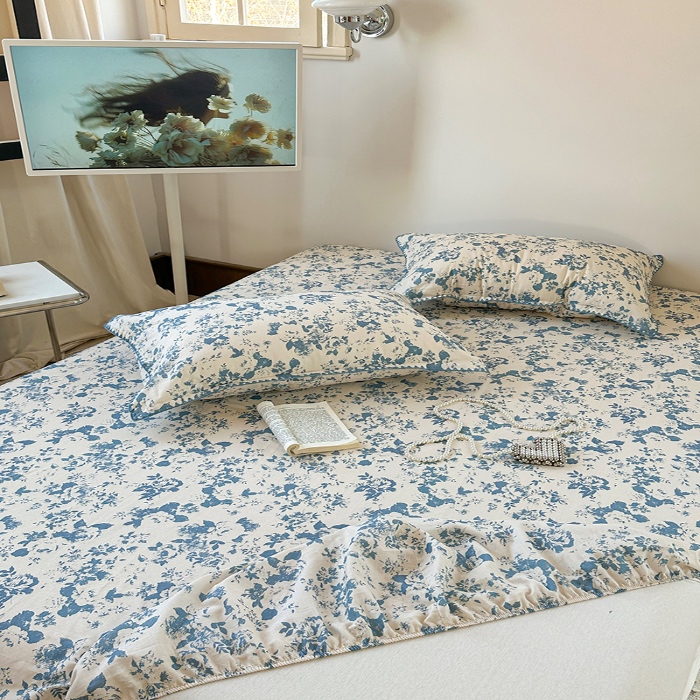 91家纺网 家纺一手货源 找家纺 金丝鸟 2025春夏新款全棉纯棉双层纱床笠 床笠单件 青瓷花弄