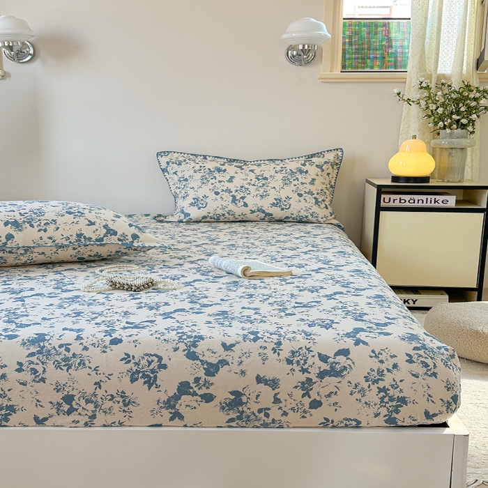 91家纺网 家纺一手货源 找家纺 金丝鸟 2025春夏新款全棉纯棉双层纱床笠 床笠单件 青瓷花弄