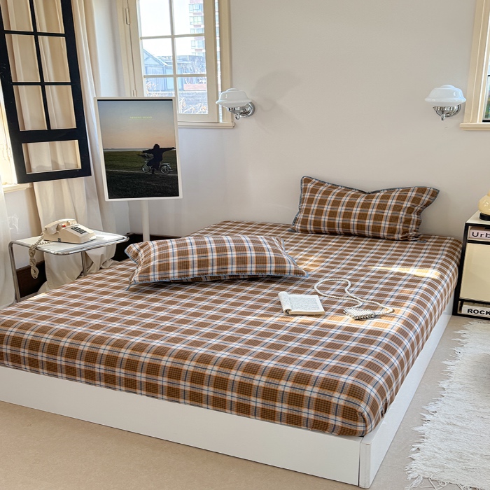 91家纺网 家纺一手货源 找家纺 金丝鸟 2025春夏新款全棉纯棉双层纱床笠 床笠单件 青梅田格