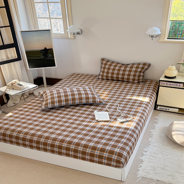 91家纺网 家纺一手货源 找家纺 金丝鸟 2025春夏新款全棉纯棉双层纱床笠 床笠单件 青梅田格