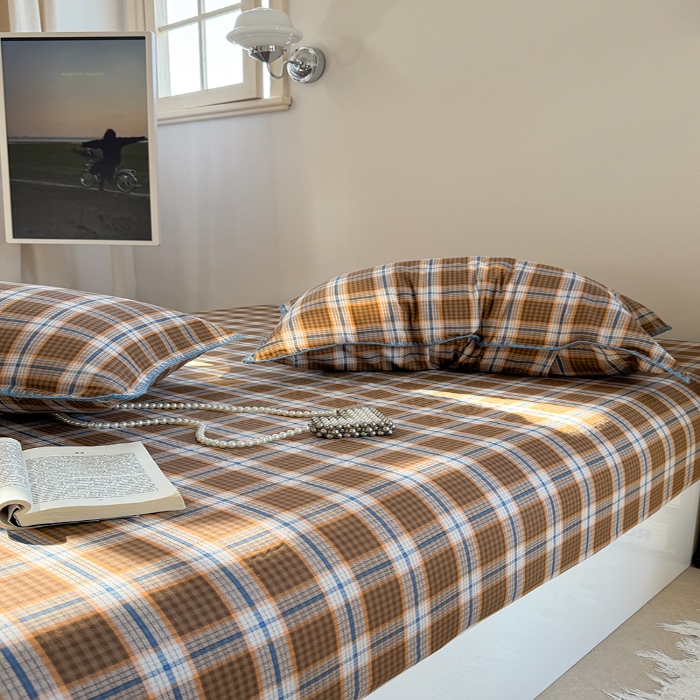 91家纺网 家纺一手货源 找家纺 金丝鸟 2025春夏新款全棉纯棉双层纱床笠 床笠单件 青梅田格