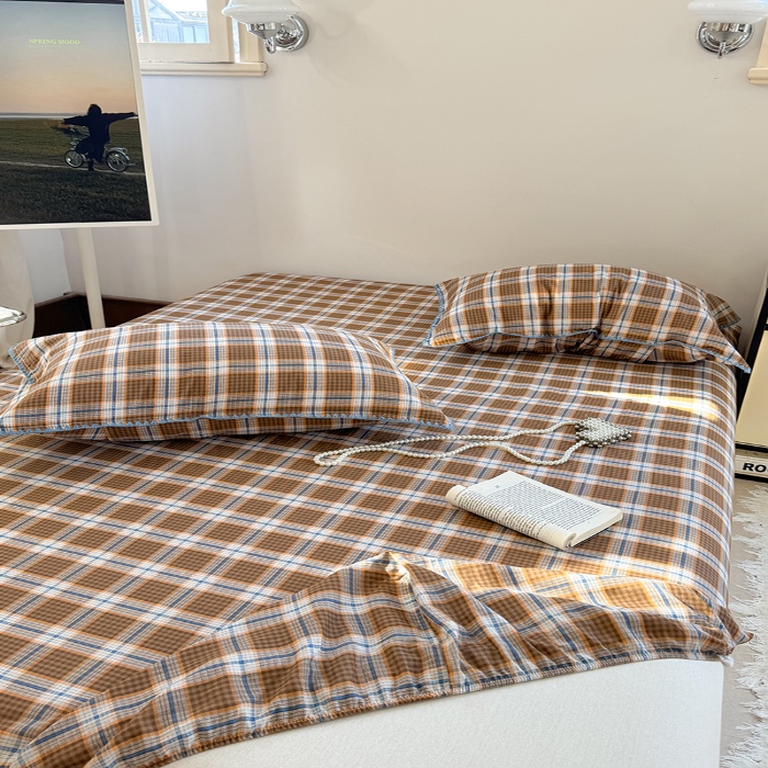 91家纺网 家纺一手货源 找家纺 金丝鸟 2025春夏新款全棉纯棉双层纱床笠 床笠单件 青梅田格