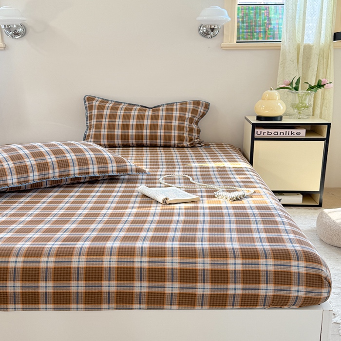 91家纺网 家纺一手货源 找家纺 金丝鸟 2025春夏新款全棉纯棉双层纱床笠 床笠单件 青梅田格