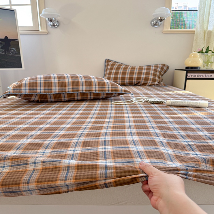 91家纺网 家纺一手货源 找家纺 金丝鸟 2025春夏新款全棉纯棉双层纱床笠 床笠单件 青梅田格