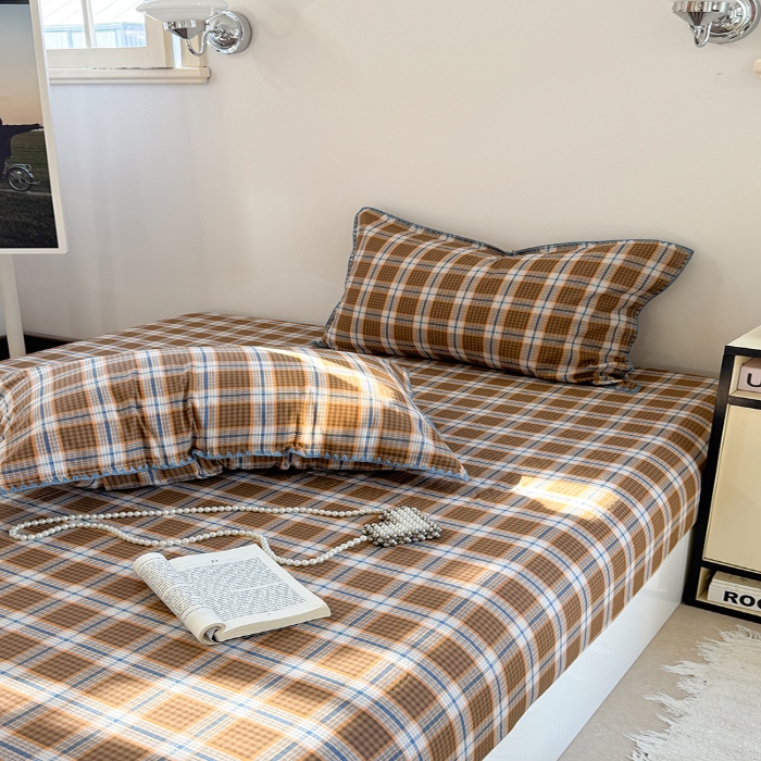 91家纺网 家纺一手货源 找家纺 金丝鸟 2025春夏新款全棉纯棉双层纱床笠 床笠单件 青梅田格