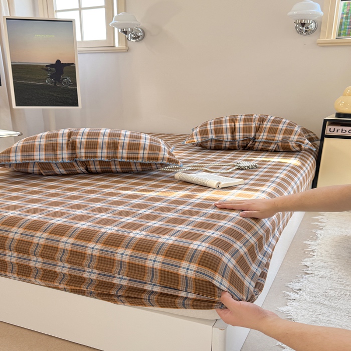 91家纺网 家纺一手货源 找家纺 金丝鸟 2025春夏新款全棉纯棉双层纱床笠 床笠单件 青梅田格