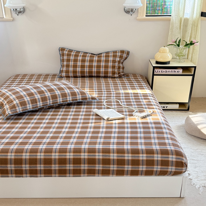 91家纺网 家纺一手货源 找家纺 金丝鸟 2025春夏新款全棉纯棉双层纱床笠 床笠单件 青梅田格