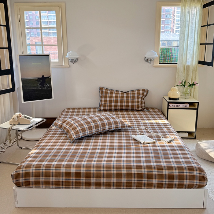 91家纺网 家纺一手货源 找家纺 金丝鸟 2025春夏新款全棉纯棉双层纱床笠 床笠单件 青梅田格