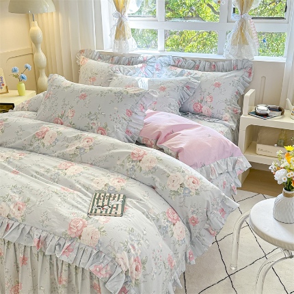 91家纺网 家纺一手货源 找家纺 （总）忘忧草 2025新款全棉夹棉印花床裙四件套纯棉