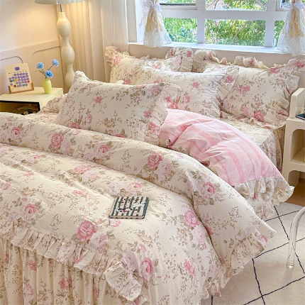 91家纺网 家纺一手货源 找家纺 （总）忘忧草 2025新款全棉夹棉印花床裙四件套纯棉