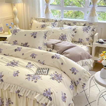 91家纺网 家纺一手货源 找家纺 （总）忘忧草 2025新款全棉夹棉印花床裙四件套纯棉