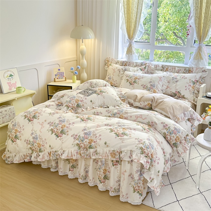 91家纺网 家纺一手货源 找家纺 忘忧草 2025新款全棉夹棉印花床裙四件套纯棉 花颜悦色