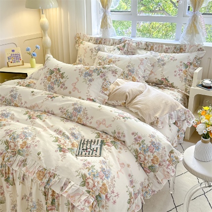 忘忧草 2025新款全棉夹棉印花床裙四件套纯棉 花颜悦色