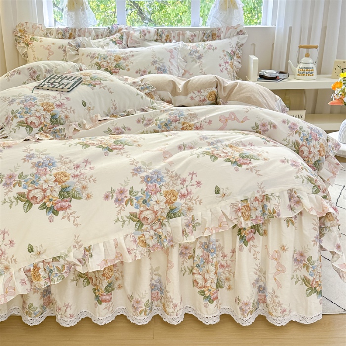 91家纺网 家纺一手货源 找家纺 忘忧草 2025新款全棉夹棉印花床裙四件套纯棉 花颜悦色