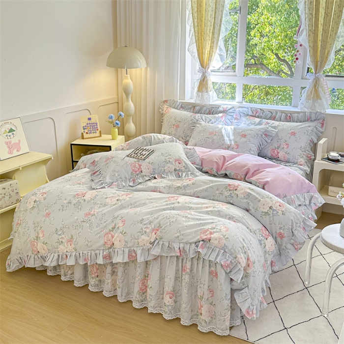 91家纺网 家纺一手货源 找家纺 忘忧草 2025新款全棉夹棉印花床裙四件套纯棉 华庭庄园-蓝