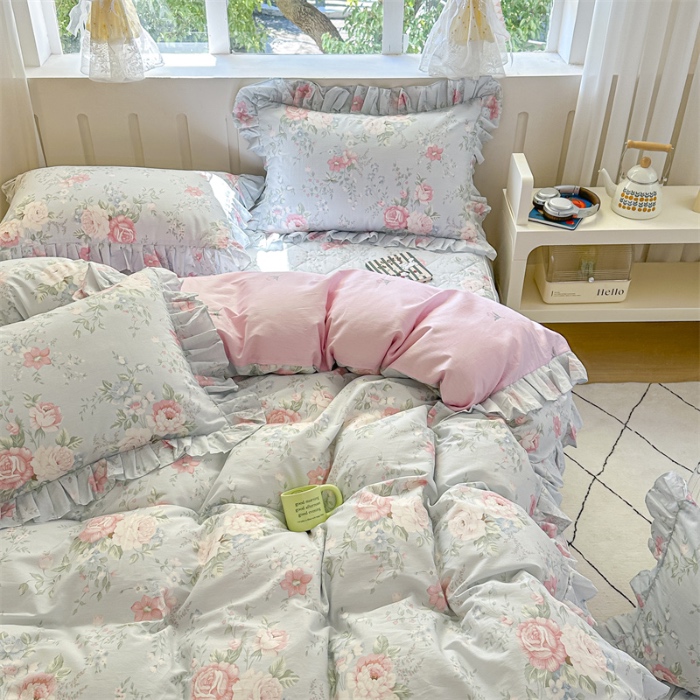 91家纺网 家纺一手货源 找家纺 忘忧草 2025新款全棉夹棉印花床裙四件套纯棉 华庭庄园-蓝