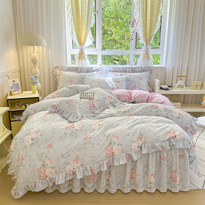 91家纺网 家纺一手货源 找家纺 忘忧草 2025新款全棉夹棉印花床裙四件套纯棉 华庭庄园-蓝