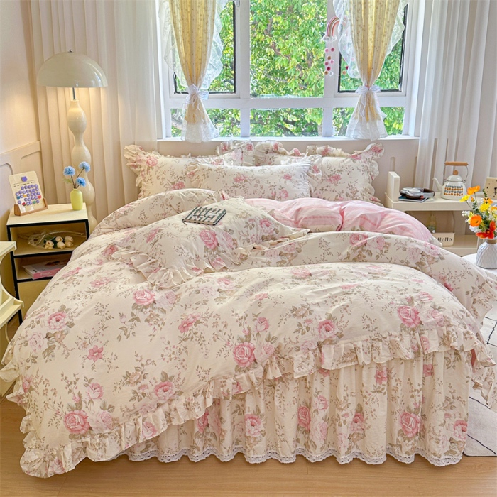 91家纺网 家纺一手货源 找家纺 忘忧草 2025新款全棉夹棉印花床裙四件套纯棉 华庭庄园-米