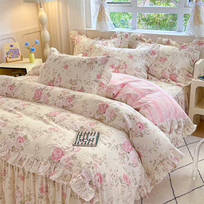 91家纺网 家纺一手货源 找家纺 忘忧草 2025新款全棉夹棉印花床裙四件套纯棉 华庭庄园-米
