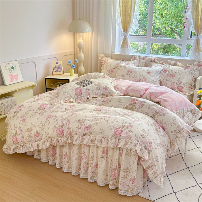 91家纺网 家纺一手货源 找家纺 忘忧草 2025新款全棉夹棉印花床裙四件套纯棉 华庭庄园-米