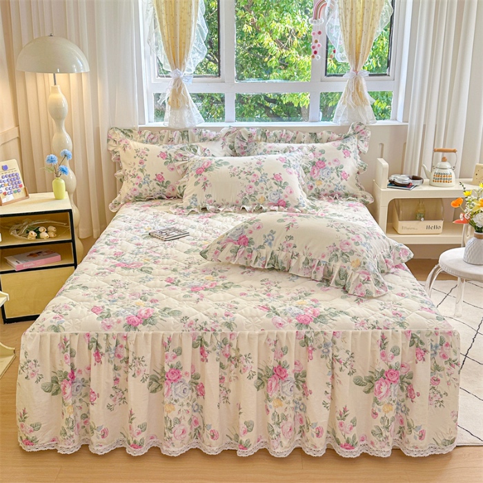 91家纺网 家纺一手货源 找家纺 忘忧草 2025新款全棉夹棉印花床裙四件套纯棉 可妮露