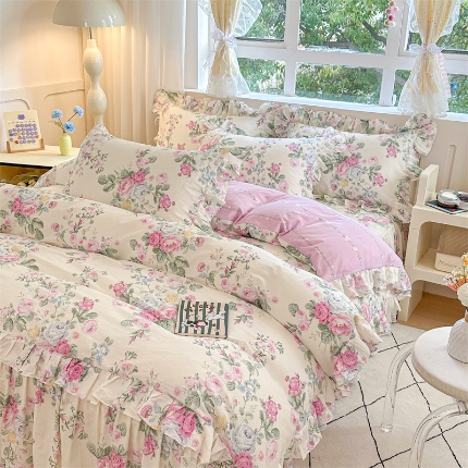 忘忧草 2025新款全棉夹棉印花床裙四件套纯棉 可妮露